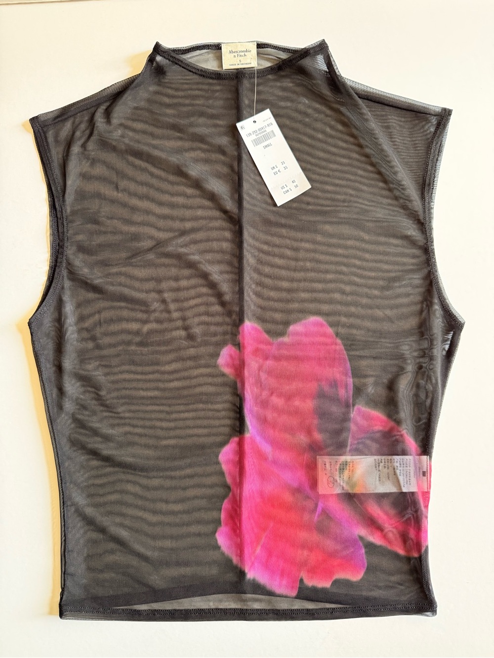 ABERCROMBIE & FITCH-Sheer Black Mesh Tank Top with Pink Floral Accent